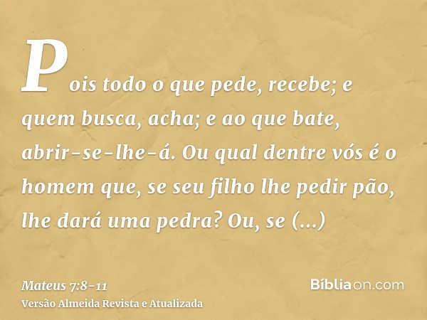 Pois todo o que pede, recebe; e quem busca, acha; e ao que bate, abrir-se-lhe-á.Ou qual dentre vós é o homem que, se seu filho lhe pedir pão, lhe dará uma pedra