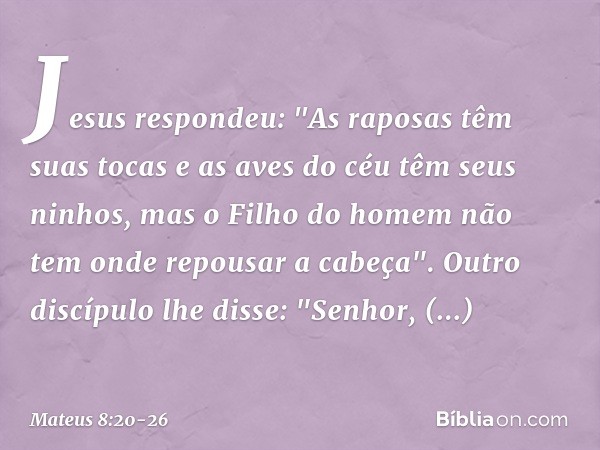 Jesus respondeu: "As raposas têm suas tocas e as aves do céu têm seus ninhos, mas o Filho do homem não tem onde repousar a cabeça". Outro discípulo lhe disse: "