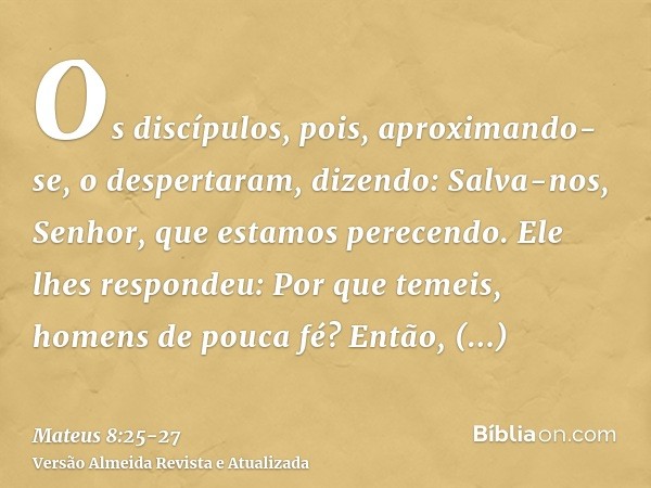 Os discípulos, pois, aproximando-se, o despertaram, dizendo: Salva-nos, Senhor, que estamos perecendo.Ele lhes respondeu: Por que temeis, homens de pouca fé? En