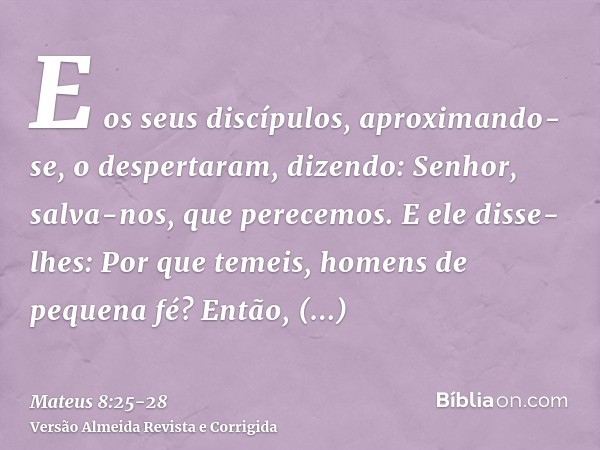 E os seus discípulos, aproximando-se, o despertaram, dizendo: Senhor, salva-nos, que perecemos.E ele disse-lhes: Por que temeis, homens de pequena fé? Então, le