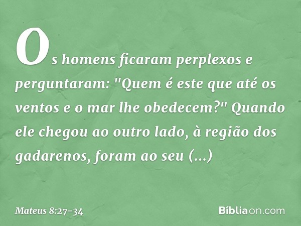 Os homens ficaram perplexos e perguntaram: "Quem é este que até os ventos e o mar lhe obedecem?" Quando ele chegou ao outro lado, à região dos gadarenos, foram 