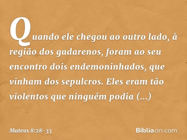 Quando ele chegou ao outro lado, à região dos gadarenos, foram ao seu encontro dois endemoninhados, que vinham dos sepulcros. Eles eram tão violentos que ningué