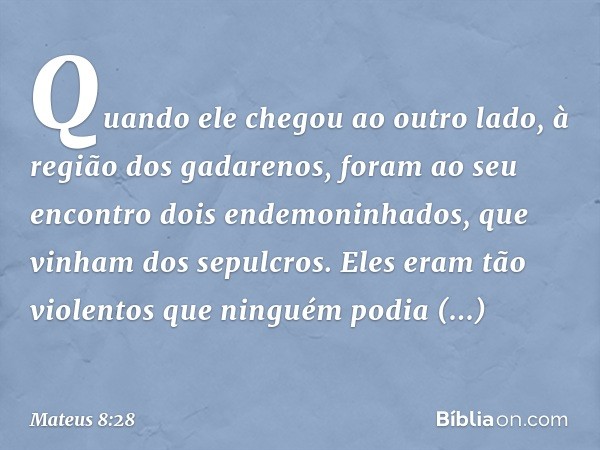 Quando ele chegou ao outro lado, à região dos gadarenos, foram ao seu encontro dois endemoninhados, que vinham dos sepulcros. Eles eram tão violentos que ningué