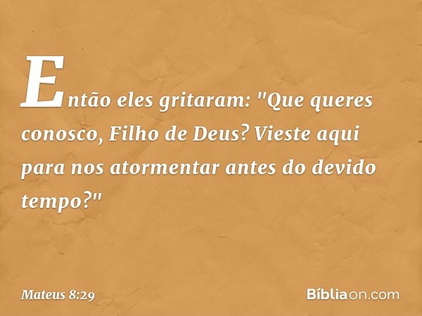 Então eles gritaram: "Que queres conosco, Filho de Deus? Vieste aqui para nos atormentar antes do devido tempo?" -- Mateus 8:29