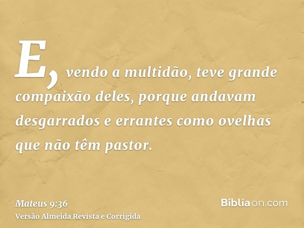 E, vendo a multidão, teve grande compaixão deles, porque andavam desgarrados e errantes como ovelhas que não têm pastor.