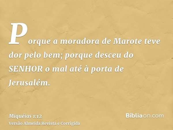 Porque a moradora de Marote teve dor pelo bem; porque desceu do SENHOR o mal até à porta de Jerusalém.