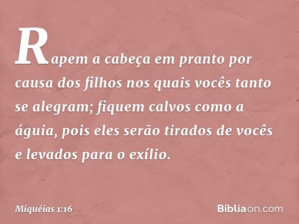 Rapem a cabeça em pranto
por causa dos filhos
nos quais vocês tanto se alegram;
fiquem calvos como a águia,
pois eles serão tirados de vocês
e levados para o ex