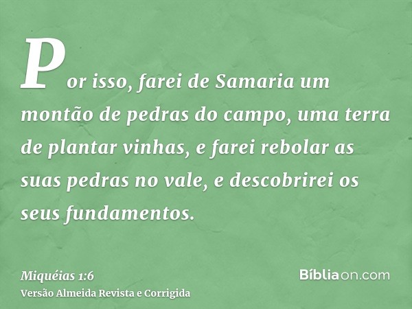 Por isso, farei de Samaria um montão de pedras do campo, uma terra de plantar vinhas, e farei rebolar as suas pedras no vale, e descobrirei os seus fundamentos.