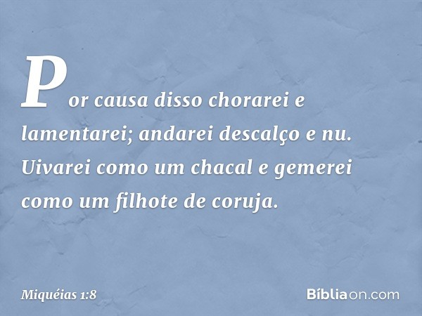 Por causa disso chorarei e lamentarei;
andarei descalço e nu.
Uivarei como um chacal e gemerei
como um filhote de coruja. -- Miquéias 1:8