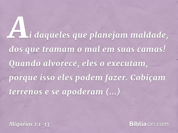 Ai daqueles que planejam maldade,
dos que tramam o mal
em suas camas!
Quando alvorece, eles o executam,
porque isso eles podem fazer. Cobiçam terrenos e se apod