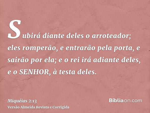 Subirá diante deles o arroteador; eles romperão, e entrarão pela porta, e sairão por ela; e o rei irá adiante deles, e o SENHOR, à testa deles.