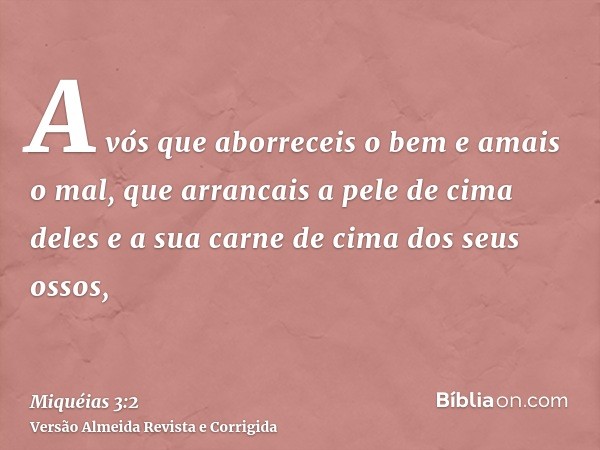 A vós que aborreceis o bem e amais o mal, que arrancais a pele de cima deles e a sua carne de cima dos seus ossos,