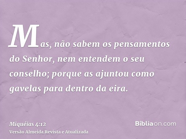 Mas, não sabem os pensamentos do Senhor, nem entendem o seu conselho; porque as ajuntou como gavelas para dentro da eira.