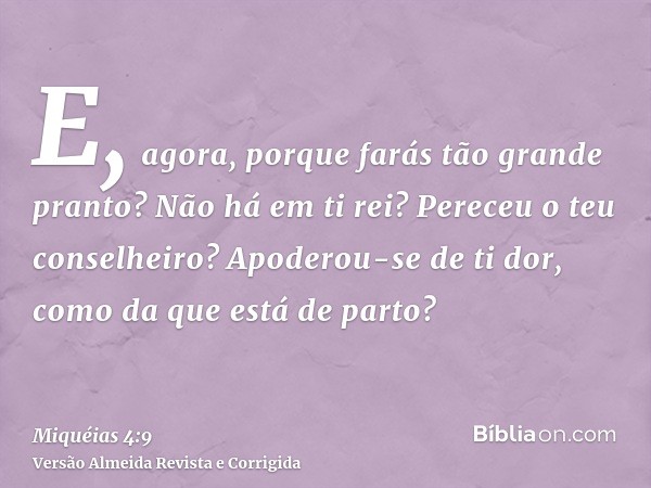E, agora, porque farás tão grande pranto? Não há em ti rei? Pereceu o teu conselheiro? Apoderou-se de ti dor, como da que está de parto?