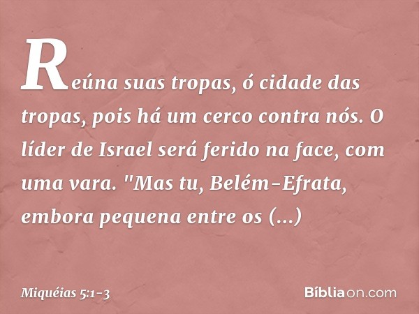 Reúna suas tropas,
ó cidade das tropas,
pois há um cerco contra nós.
O líder de Israel será ferido na face,
com uma vara. "Mas tu, Belém-Efrata,
embora pequena
