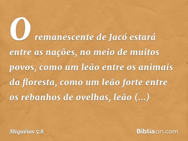 O remanescente de Jacó
estará entre as nações,
no meio de muitos povos,
como um leão
entre os animais da floresta,
como um leão forte
entre os rebanhos de ovelh