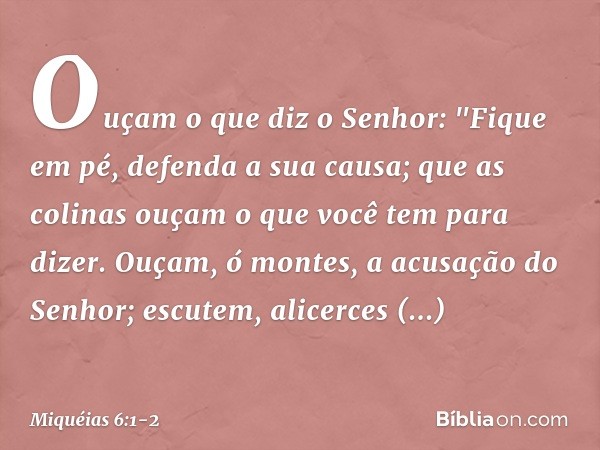 Ouçam o que diz o Senhor:
"Fique em pé,
defenda a sua causa;
que as colinas ouçam
o que você tem para dizer. Ouçam, ó montes,
a acusação do Senhor;
escutem, ali