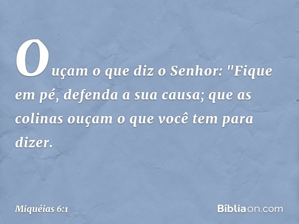 Ouçam o que diz o Senhor:
"Fique em pé,
defenda a sua causa;
que as colinas ouçam
o que você tem para dizer. -- Miquéias 6:1