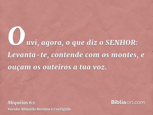 Ouvi, agora, o que diz o SENHOR: Levanta-te, contende com os montes, e ouçam os outeiros a tua voz.