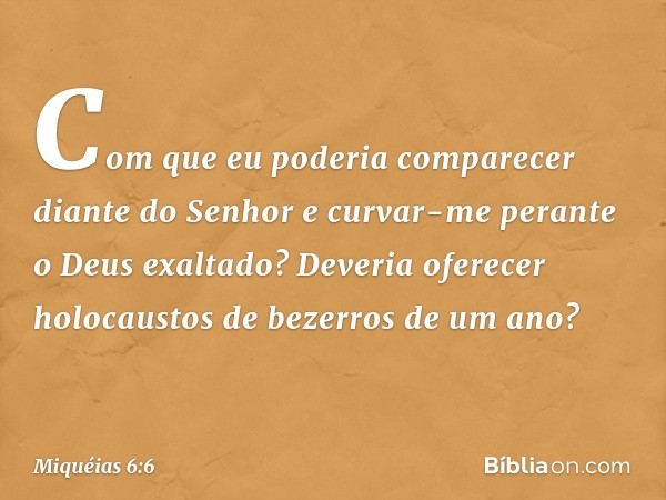 Com que eu poderia comparecer
diante do Senhor
e curvar-me perante o Deus exaltado?
Deveria oferecer holocaustos
de bezerros de um ano? -- Miquéias 6:6