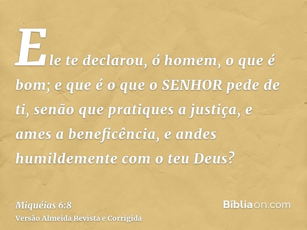 Ele te declarou, ó homem, o que é bom; e que é o que o SENHOR pede de ti, senão que pratiques a justiça, e ames a beneficência, e andes humildemente com o teu D