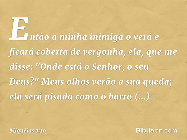 Então a minha inimiga o verá
e ficará coberta de vergonha,
ela, que me disse:
"Onde está o Senhor, o seu Deus?"
Meus olhos verão a sua queda;
ela será pisada co