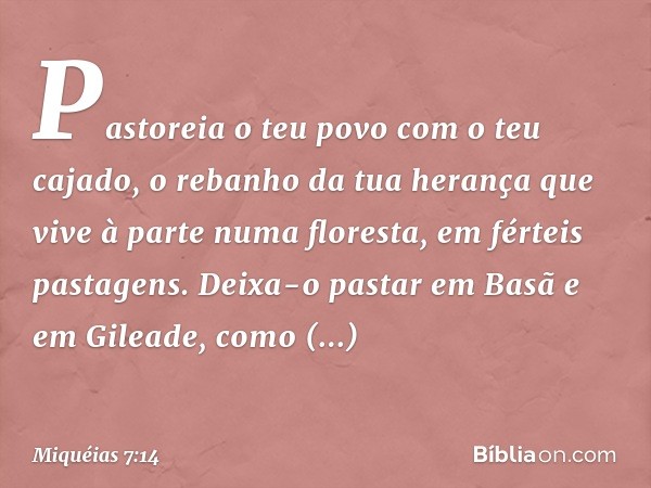 Pastoreia o teu povo com o teu cajado,
o rebanho da tua herança
que vive à parte numa floresta,
em férteis pastagens.
Deixa-o pastar em Basã e em Gileade,
como 