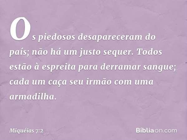 Os piedosos desapareceram do país;
não há um justo sequer.
Todos estão à espreita
para derramar sangue;
cada um caça seu irmão com uma armadilha. -- Miquéias 7: