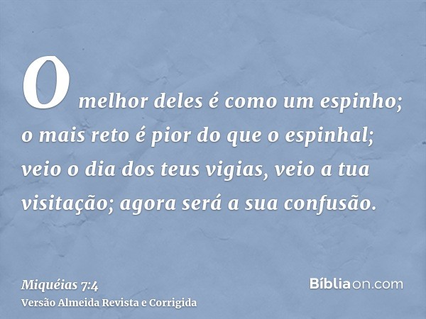 O melhor deles é como um espinho; o mais reto é pior do que o espinhal; veio o dia dos teus vigias, veio a tua visitação; agora será a sua confusão.
