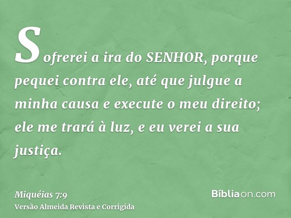 Sofrerei a ira do SENHOR, porque pequei contra ele, até que julgue a minha causa e execute o meu direito; ele me trará à luz, e eu verei a sua justiça.