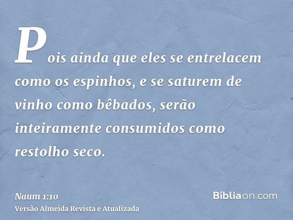 Pois ainda que eles se entrelacem como os espinhos, e se saturem de vinho como bêbados, serão inteiramente consumidos como restolho seco.