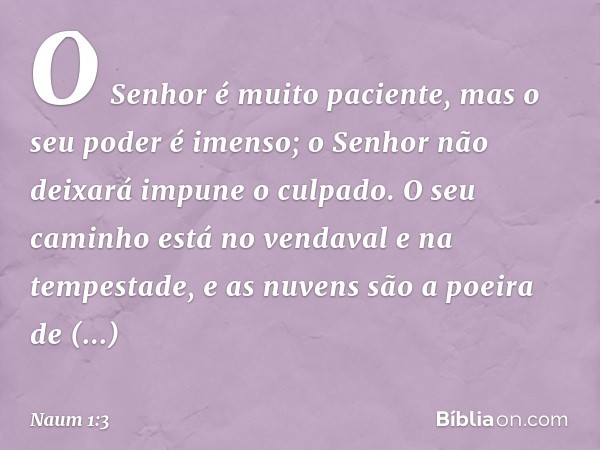 O Senhor é muito paciente,
mas o seu poder é imenso;
o Senhor não deixará impune o culpado.
O seu caminho está no vendaval
e na tempestade,
e as nuvens são a po