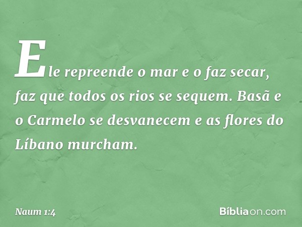 Ele repreende o mar e o faz secar,
faz que todos os rios se sequem.
Basã e o Carmelo se desvanecem
e as flores do Líbano murcham. -- Naum 1:4