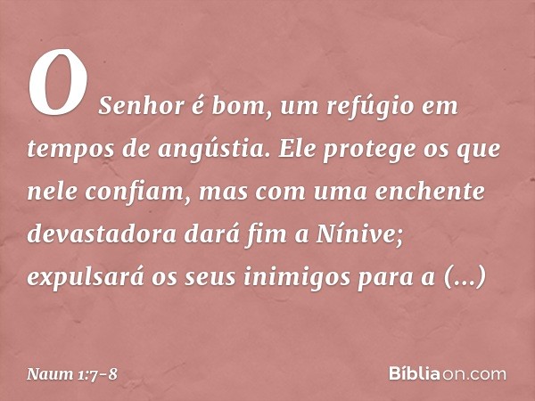 O Senhor é bom,
um refúgio em tempos de angústia.
Ele protege os que nele confiam, mas com uma enchente devastadora
dará fim a Nínive;
expulsará os seus inimigo