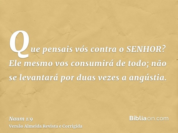 Que pensais vós contra o SENHOR? Ele mesmo vos consumirá de todo; não se levantará por duas vezes a angústia.