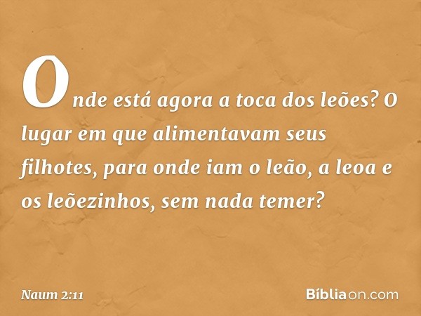 Onde está agora a toca dos leões?
O lugar em que alimentavam
seus filhotes,
para onde iam o leão, a leoa
e os leõezinhos, sem nada temer? -- Naum 2:11