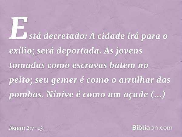 Está decretado:
A cidade irá para o exílio;
será deportada.
As jovens tomadas como escravas
batem no peito;
seu gemer é como o arrulhar das pombas. Nínive é com