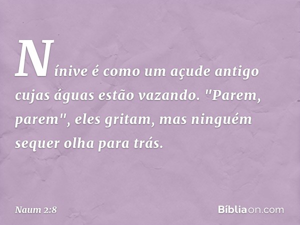 Nínive é como um açude antigo
cujas águas estão vazando.
"Parem, parem", eles gritam,
mas ninguém sequer olha para trás. -- Naum 2:8