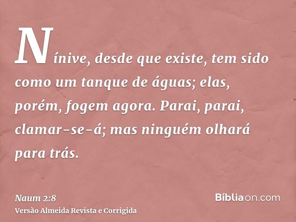 Nínive, desde que existe, tem sido como um tanque de águas; elas, porém, fogem agora. Parai, parai, clamar-se-á; mas ninguém olhará para trás.