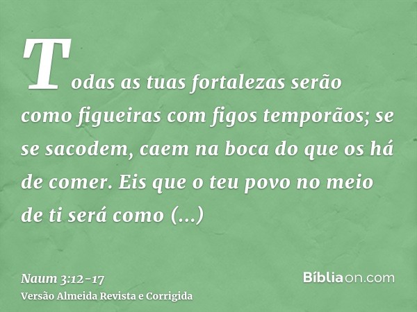 Todas as tuas fortalezas serão como figueiras com figos temporãos; se se sacodem, caem na boca do que os há de comer.Eis que o teu povo no meio de ti será como 