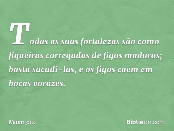 Todas as suas fortalezas
são como figueiras
carregadas de figos maduros;
basta sacudi-las,
e os figos caem em bocas vorazes. -- Naum 3:12