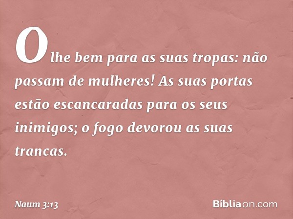 Olhe bem para as suas tropas:
não passam de mulheres!
As suas portas estão escancaradas
para os seus inimigos;
o fogo devorou as suas trancas. -- Naum 3:13