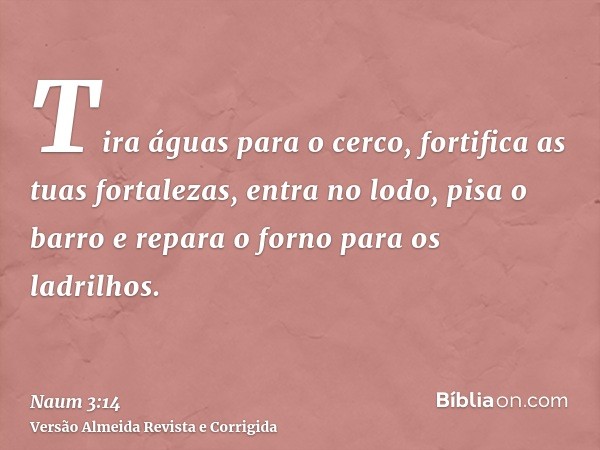 Tira águas para o cerco, fortifica as tuas fortalezas, entra no lodo, pisa o barro e repara o forno para os ladrilhos.