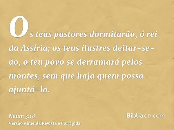 Os teus pastores dormitarão, ó rei da Assíria; os teus ilustres deitar-se-ão, o teu povo se derramará pelos montes, sem que haja quem possa ajuntá-lo.