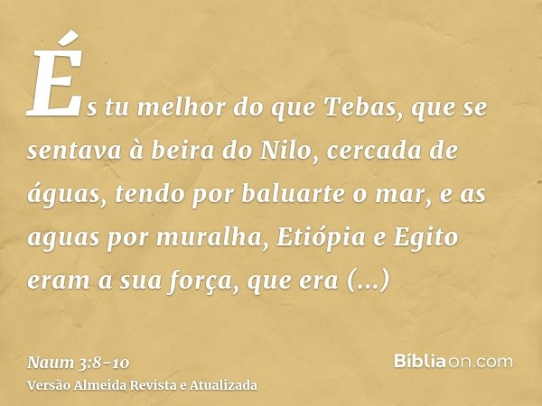 És tu melhor do que Tebas, que se sentava à beira do Nilo, cercada de águas, tendo por baluarte o mar, e as aguas por muralha,Etiópia e Egito eram a sua força, 