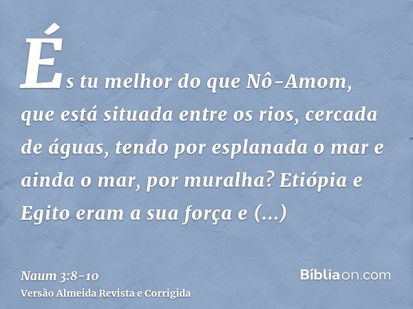 És tu melhor do que Nô-Amom, que está situada entre os rios, cercada de águas, tendo por esplanada o mar e ainda o mar, por muralha?Etiópia e Egito eram a sua f