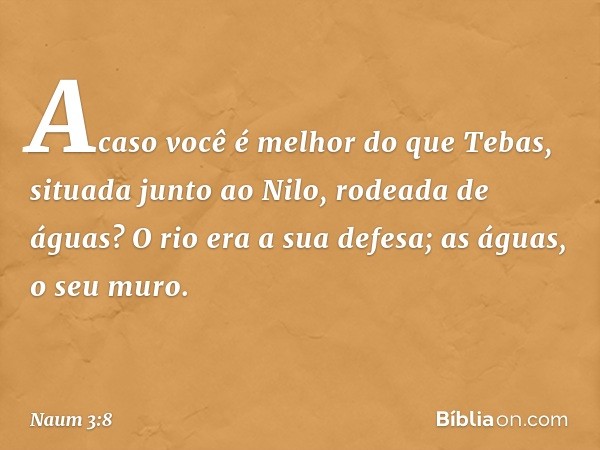 Acaso você é melhor do que Tebas,
situada junto ao Nilo,
rodeada de águas?
O rio era a sua defesa;
as águas, o seu muro. -- Naum 3:8