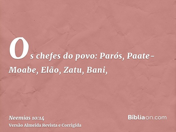 Os chefes do povo: Parós, Paate-Moabe, Elão, Zatu, Bani,