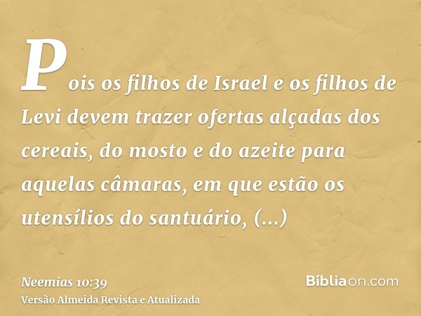 Pois os filhos de Israel e os filhos de Levi devem trazer ofertas alçadas dos cereais, do mosto e do azeite para aquelas câmaras, em que estão os utensílios do 