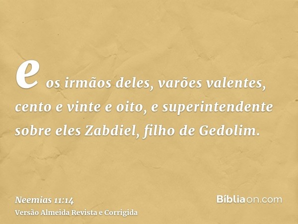 e os irmãos deles, varões valentes, cento e vinte e oito, e superintendente sobre eles Zabdiel, filho de Gedolim.